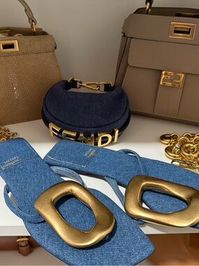 Jeffrey Campbell Denim Slide Sandals with Gold-Tone Buckle